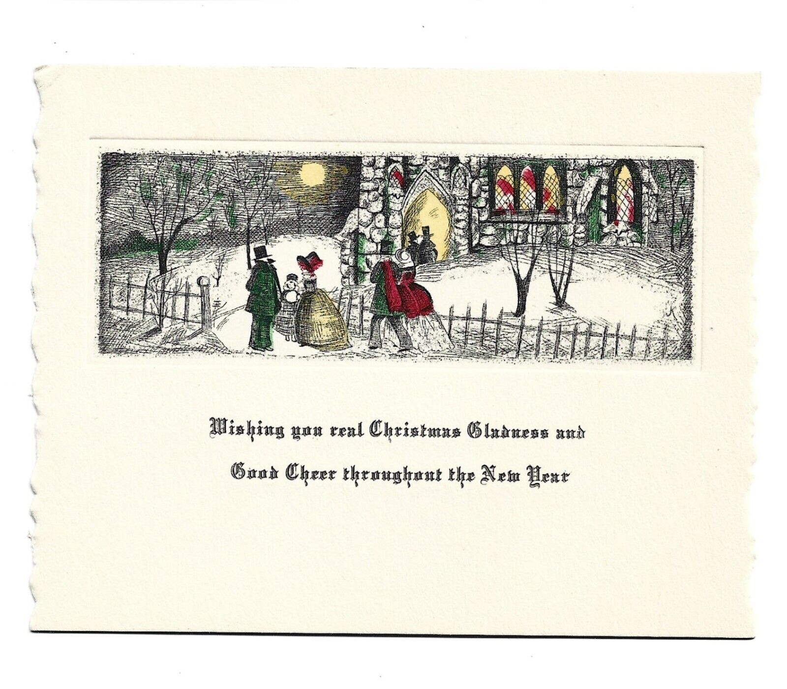 Vtg. Christmas Card Etched Victorian Attend Church Fence Yellow Moon 1927 w/ Env