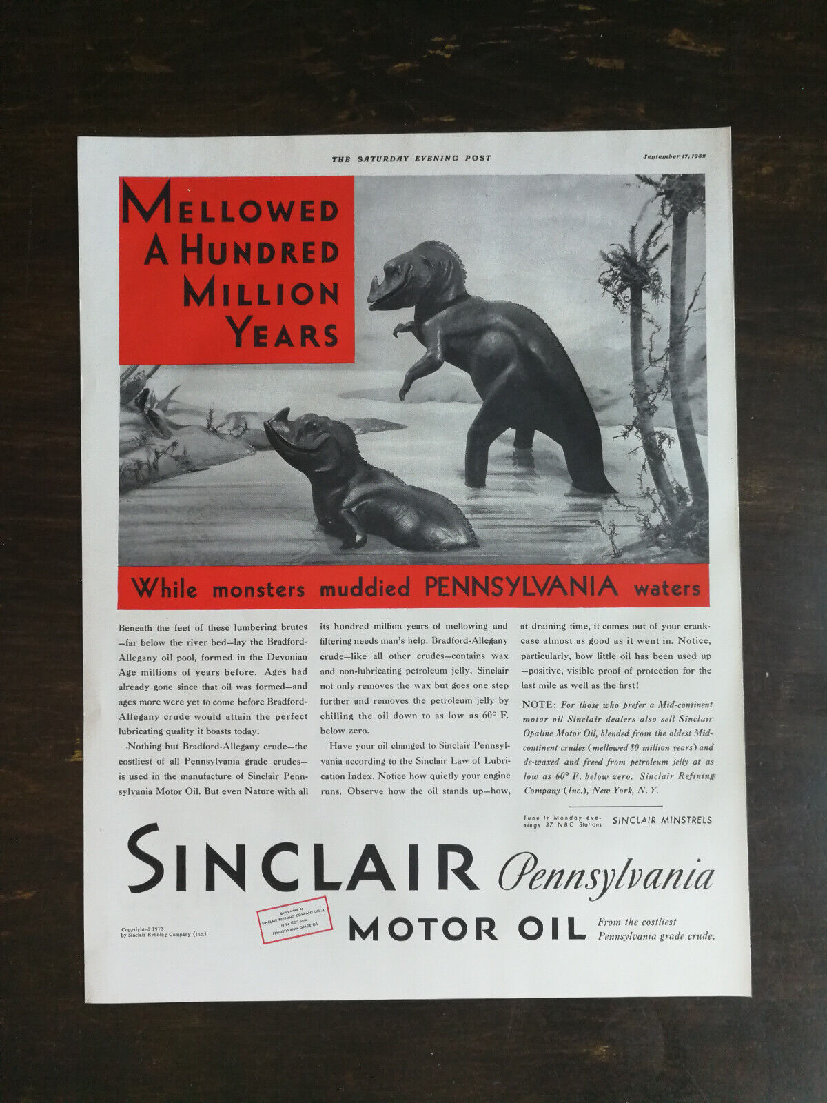 Vintage 1932 Sinclair Motor Oil Dinosaur Full Page Original Ad 424