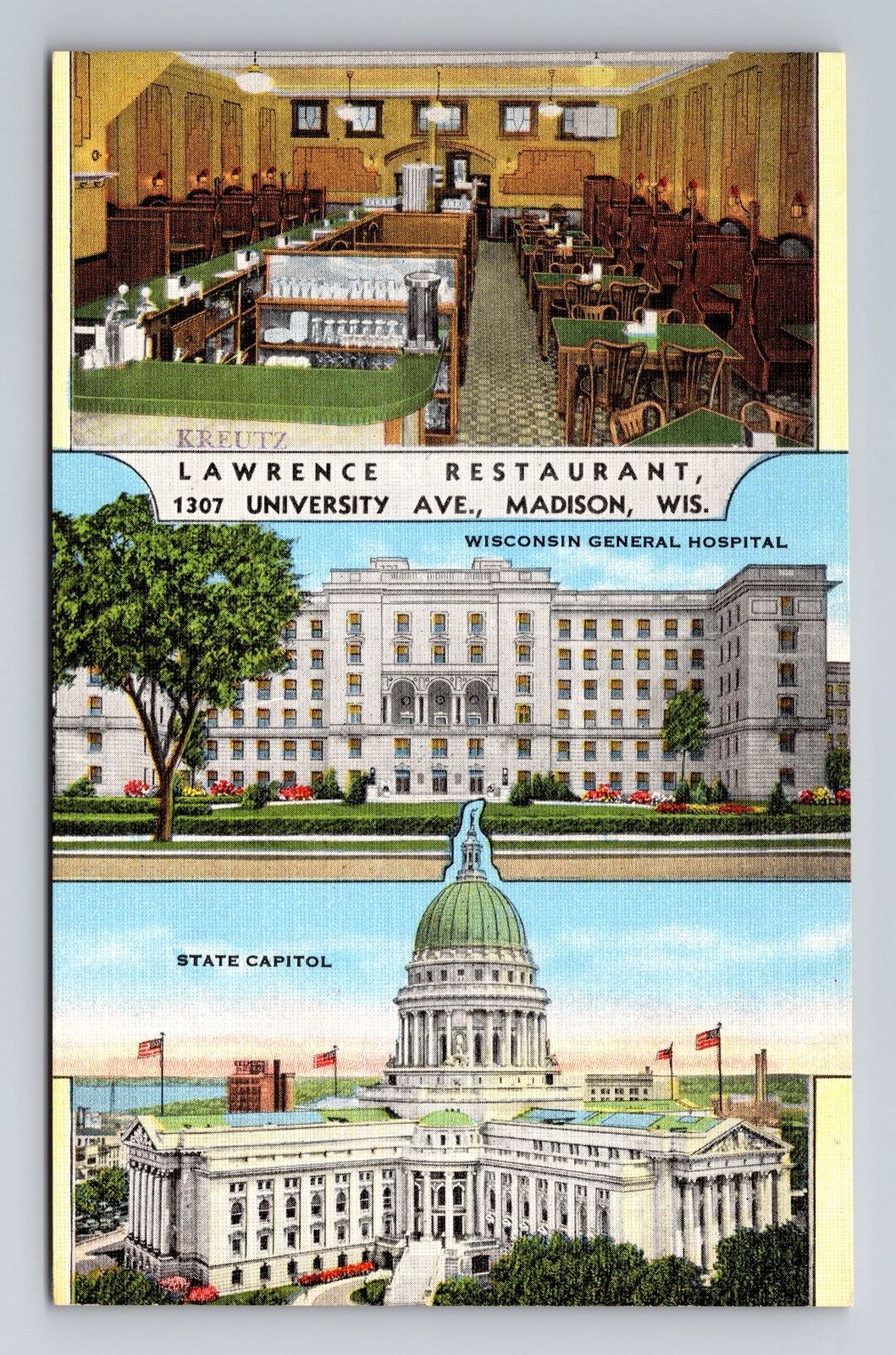 Madison WI-Wisconsin, Lawrence Restaurant, Antique, Vintage Souvenir Postcard