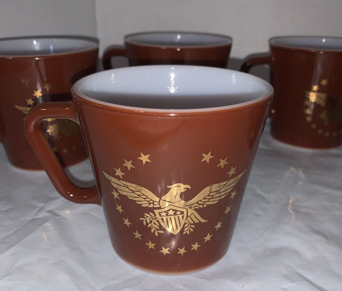 Vtg Pyrex Early American Americana Gold Eagle Set Of 7 Brown Mug 10oz USA 1410