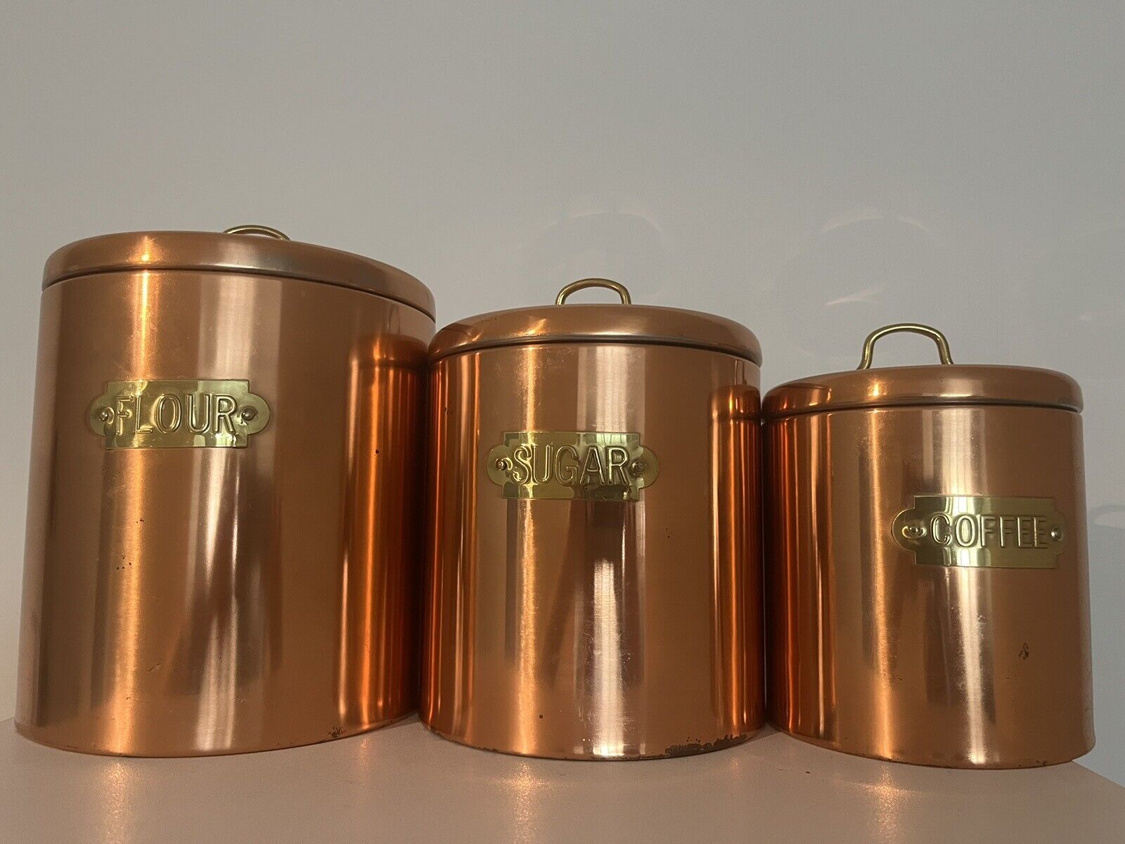 Rare ~Vintage Graduated Copper Canisters ~ Set of 4 ~Flour Sugar Coffee Tea