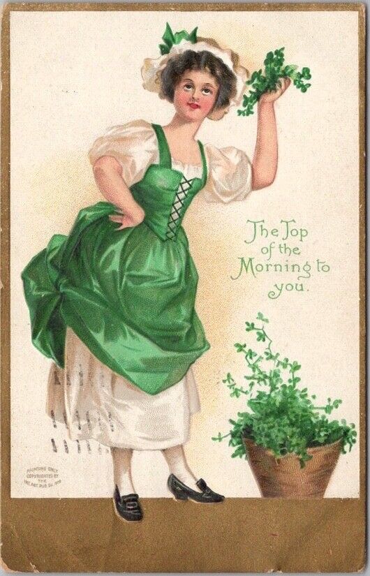 1909 ST. PATRICK'S DAY Postcard Pretty Lady / Clover - Artist-Signed CLAPSADDLE