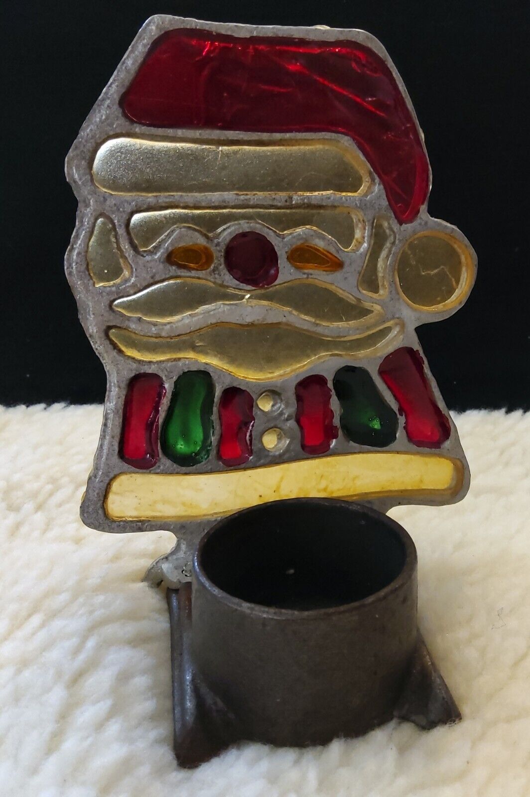 Vintage CAST IRON SANTA CLAUS STAINED GLASS TEA LIGHT Christmas CANDLE HOLDER 