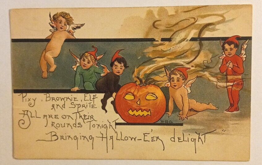 Antique Halloween Postcard Rare HB Griggs Series 2231,Pixie Brownie Elf Sprite