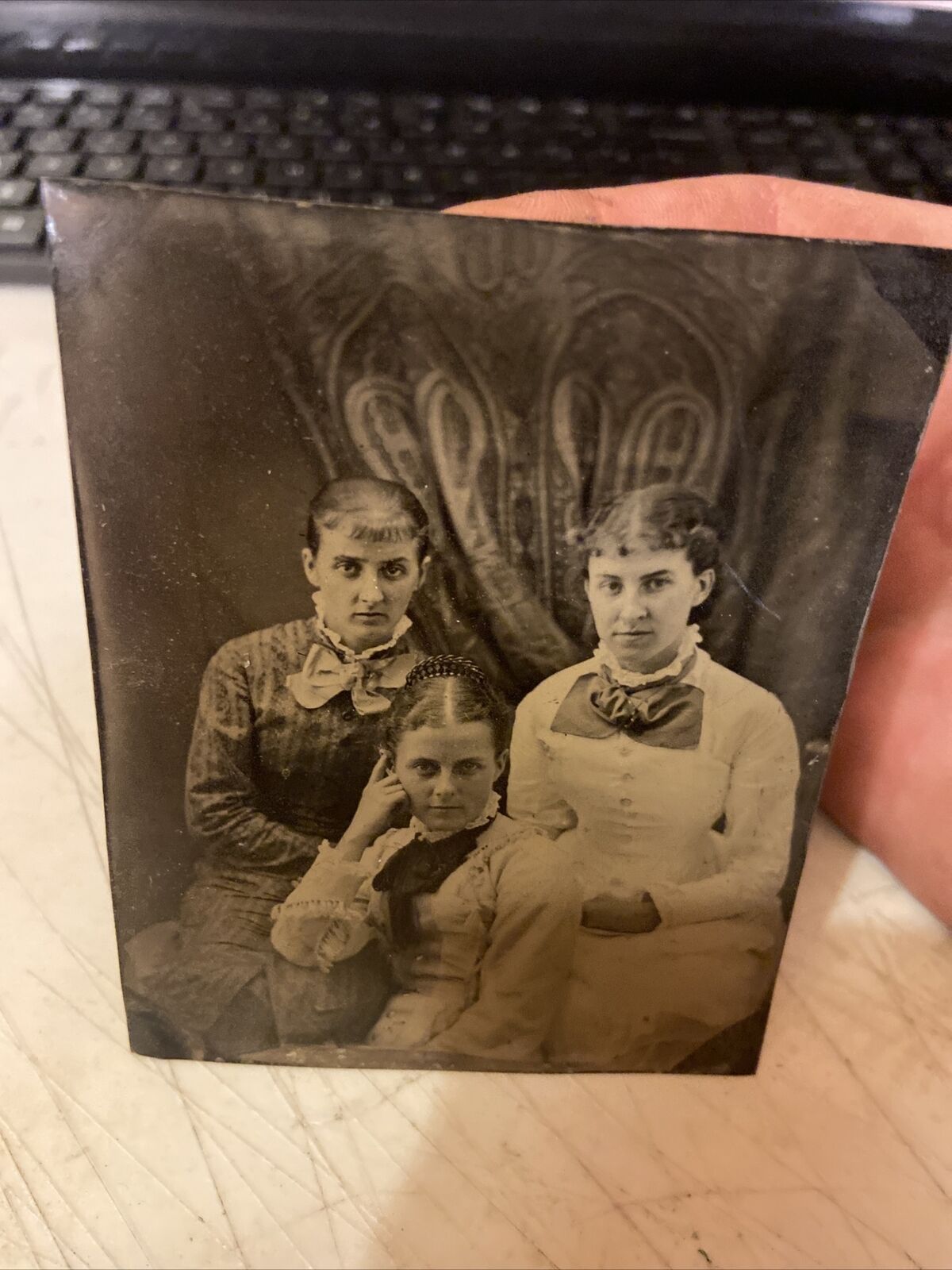 VERY COOL OLD TIN TYPE PHOTO- 3 LADIES-4-1/8” BY 3-1/4” CREEPY