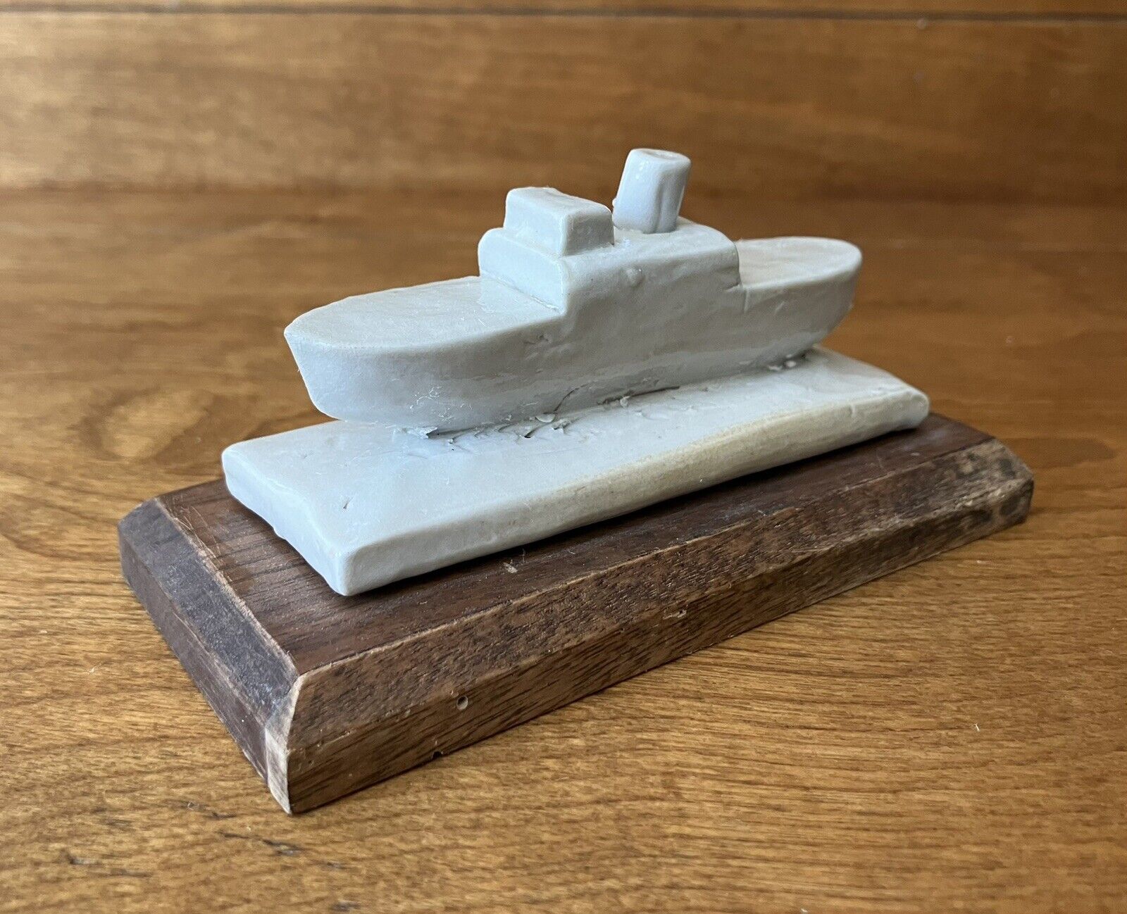 Vintage Steamship sculpture ceramic w/ wood base handmade ship boat pottery