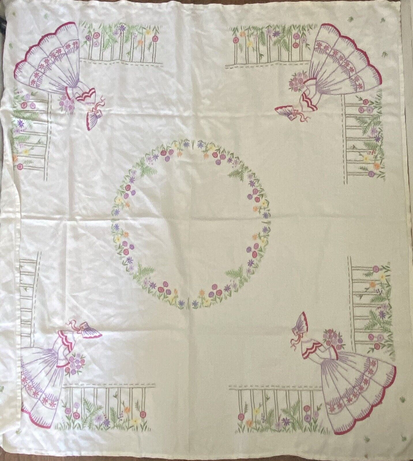 Vintage Tablecloth Hand Embroidered Crinoline Lady Flowers Linen 50” X 49”