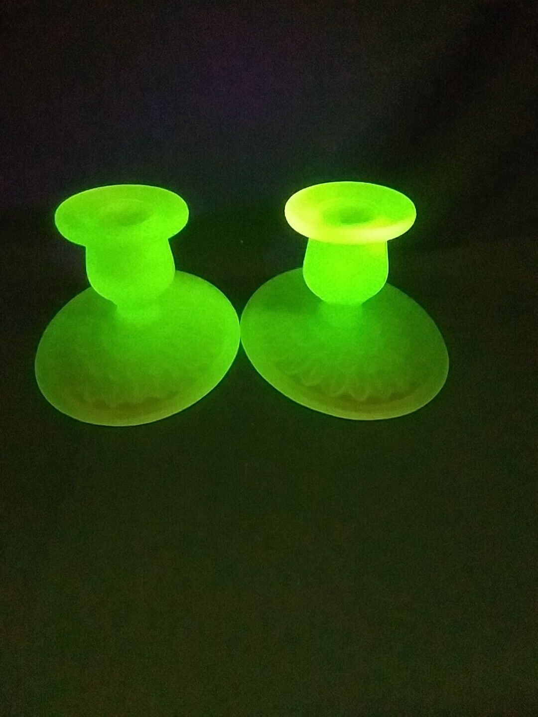 2 Vintage 1940s Green Uranium Glass Satin Frosted Art Deco Candle Holders GLOW