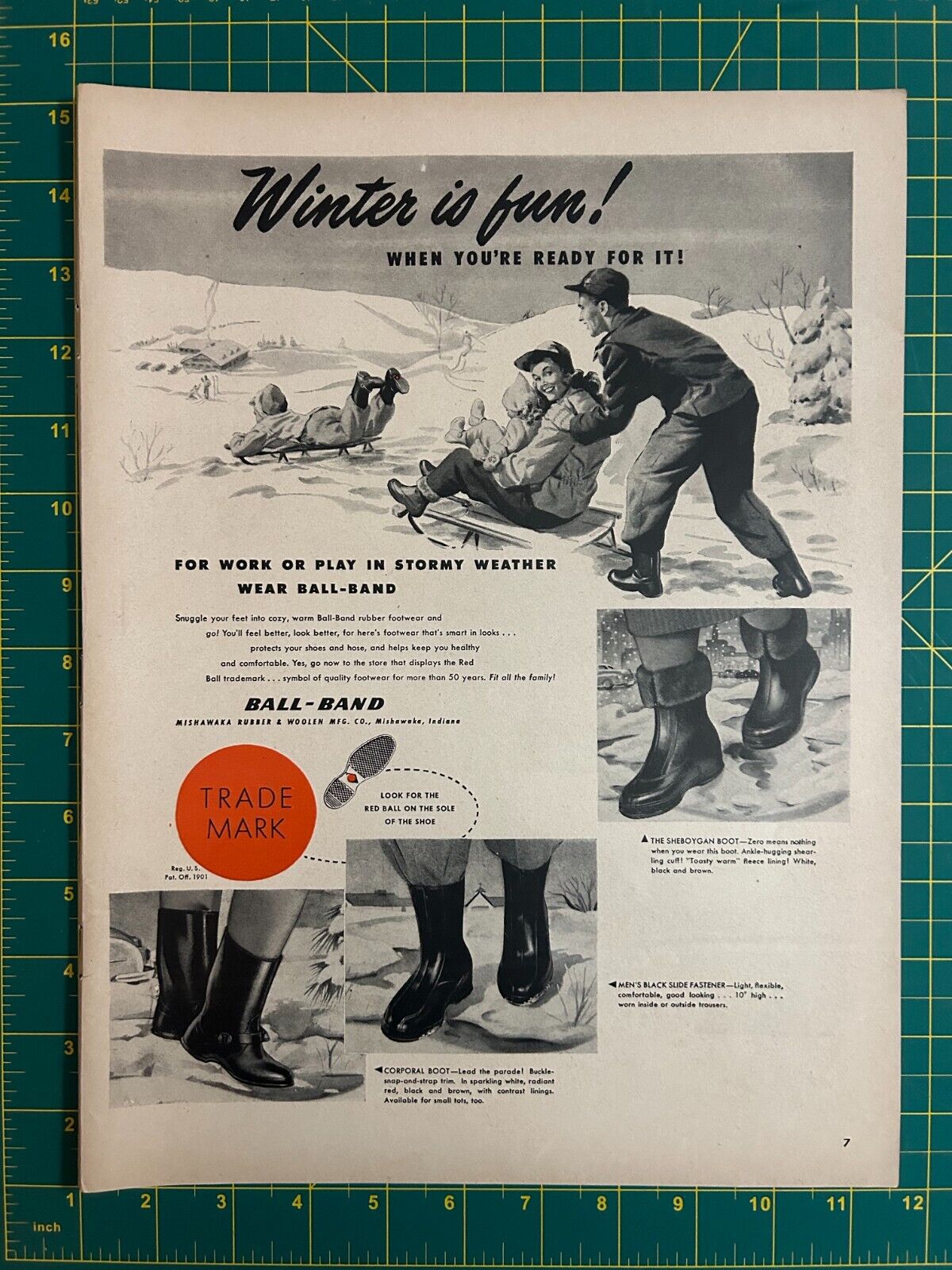 1948 Vintage Ball Band Trade Mark Rubber Winter Boots Sledding Print Ad O1