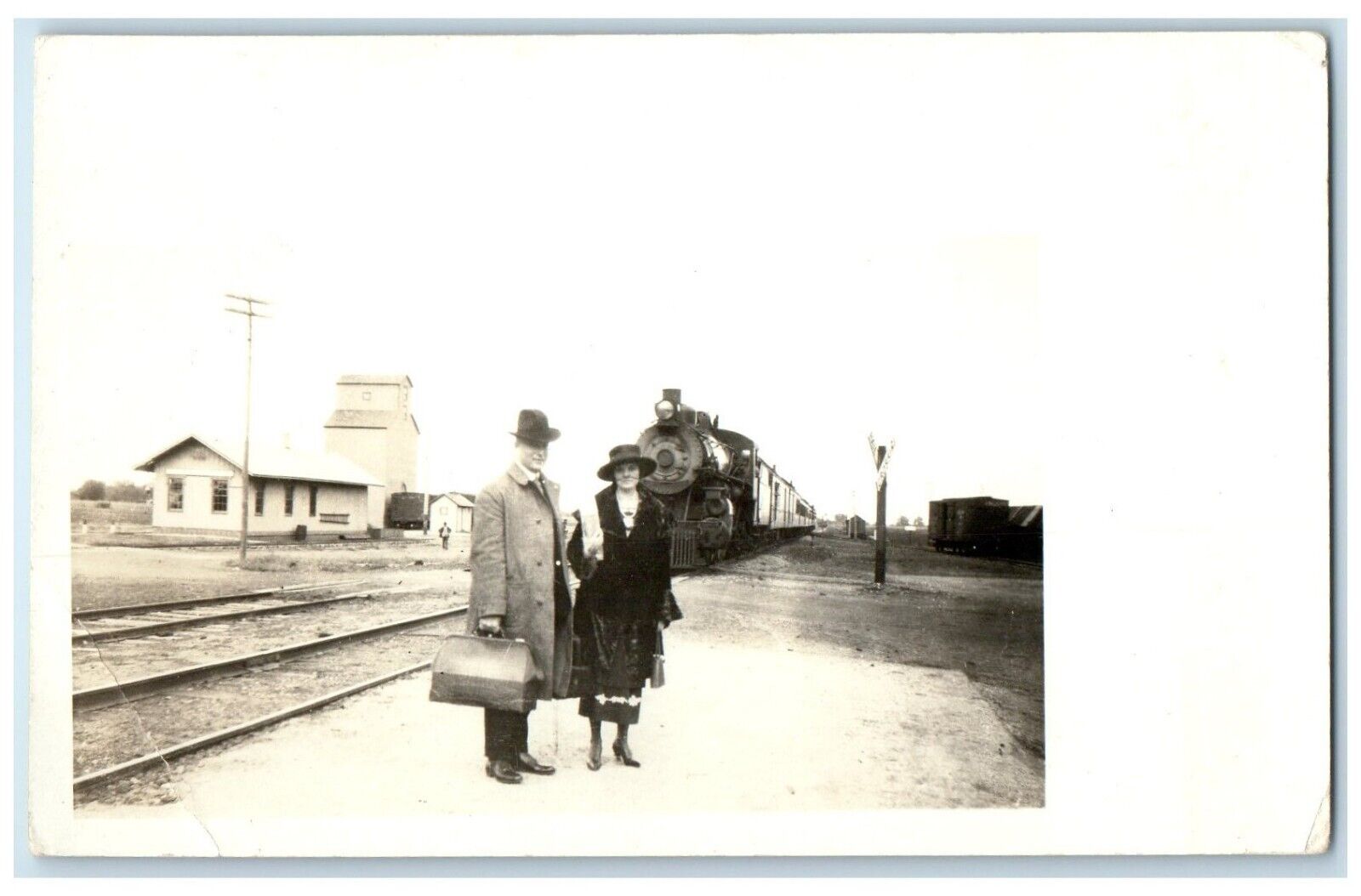 c1910\'s Union Pacific Depot Grain Elevator Locomotive Train RPPC Photo Postcard