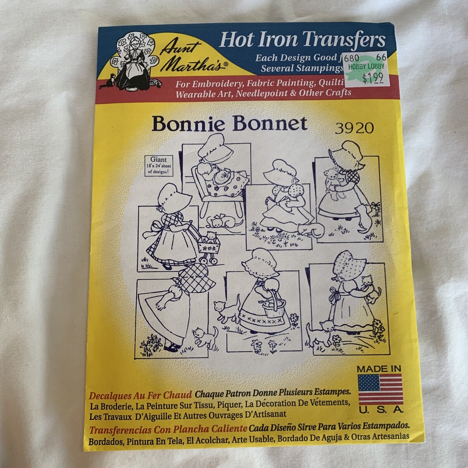 Aunt Martha\'s Hot Iron Transfer Bonnie Bonnet 3920 Heat Transfer 18”x24\