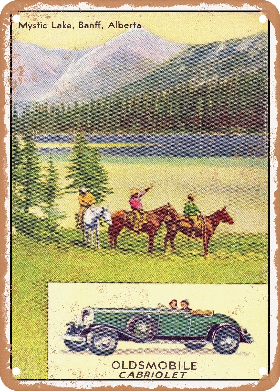 METAL SIGN - 1931 Oldsmobile Cabriolet Mystic Lake Banff Alberta Vintage Ad
