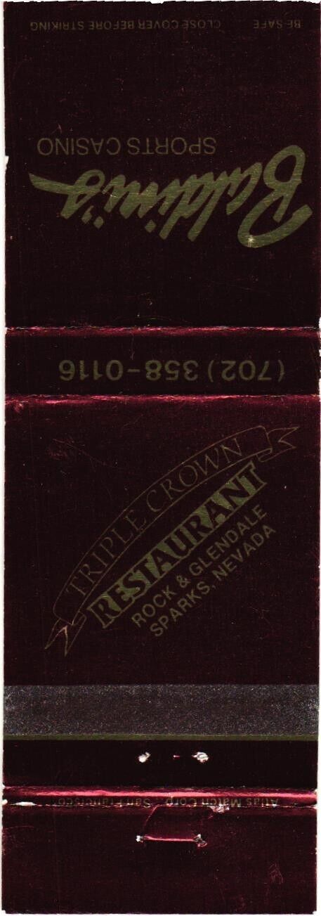 Triple Crown Restaurant Sparks, Nevada, Baldini\'s Casino Vintage Matchbook Cover