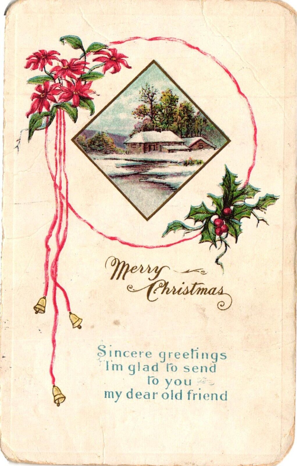 Vintage Postcard- 515. Merry Christmas. Sincere greetings. Posted 1916