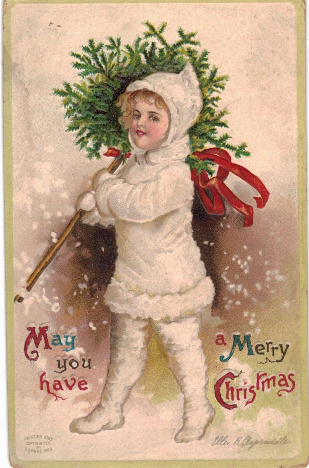 Merry Christmas A/S Clapsaddle Pixie In White 1910