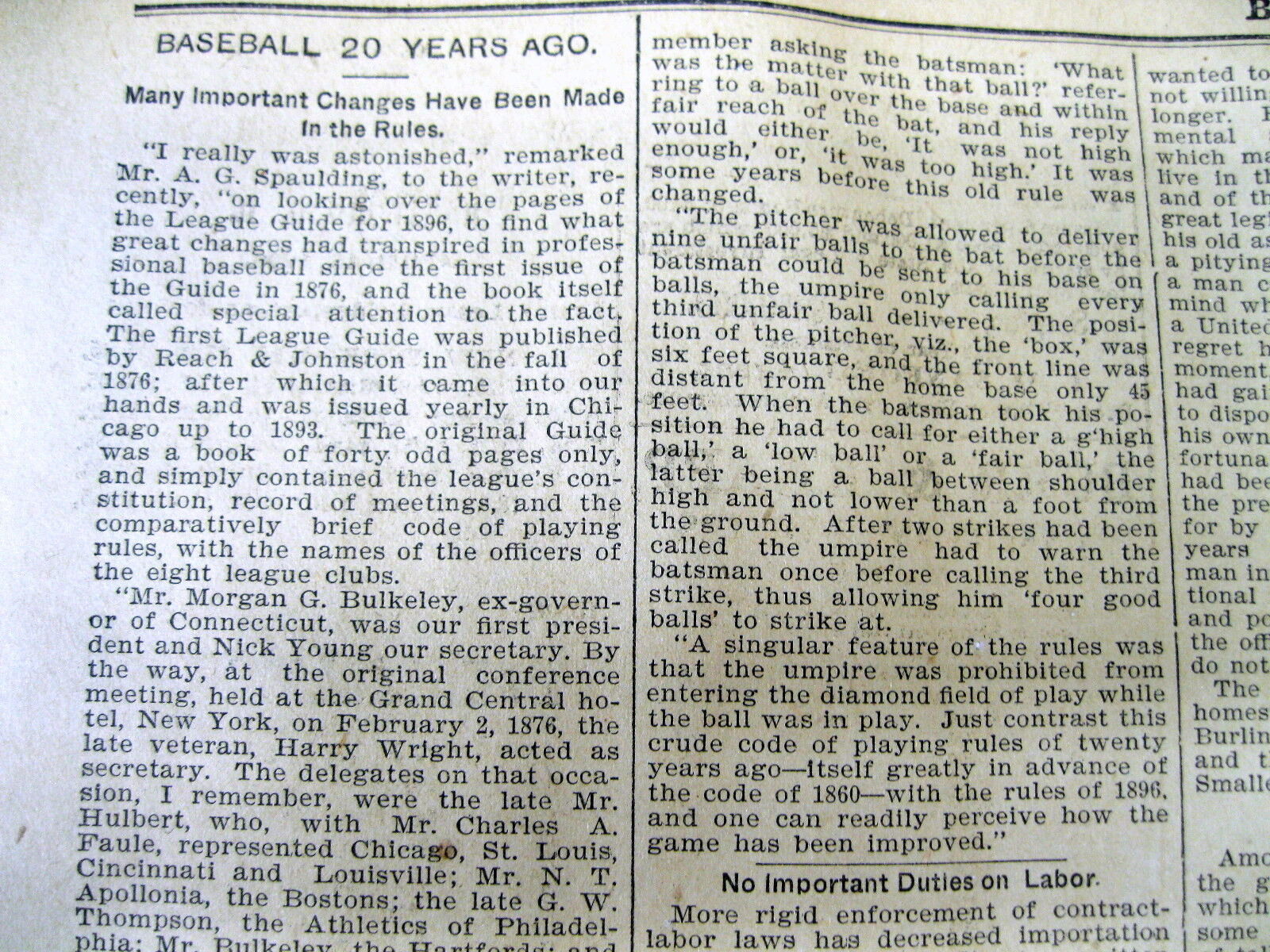 1896 headline newspaper MAJOR LEAGUE BASEBALL Early RULES CHANGES over 20 years