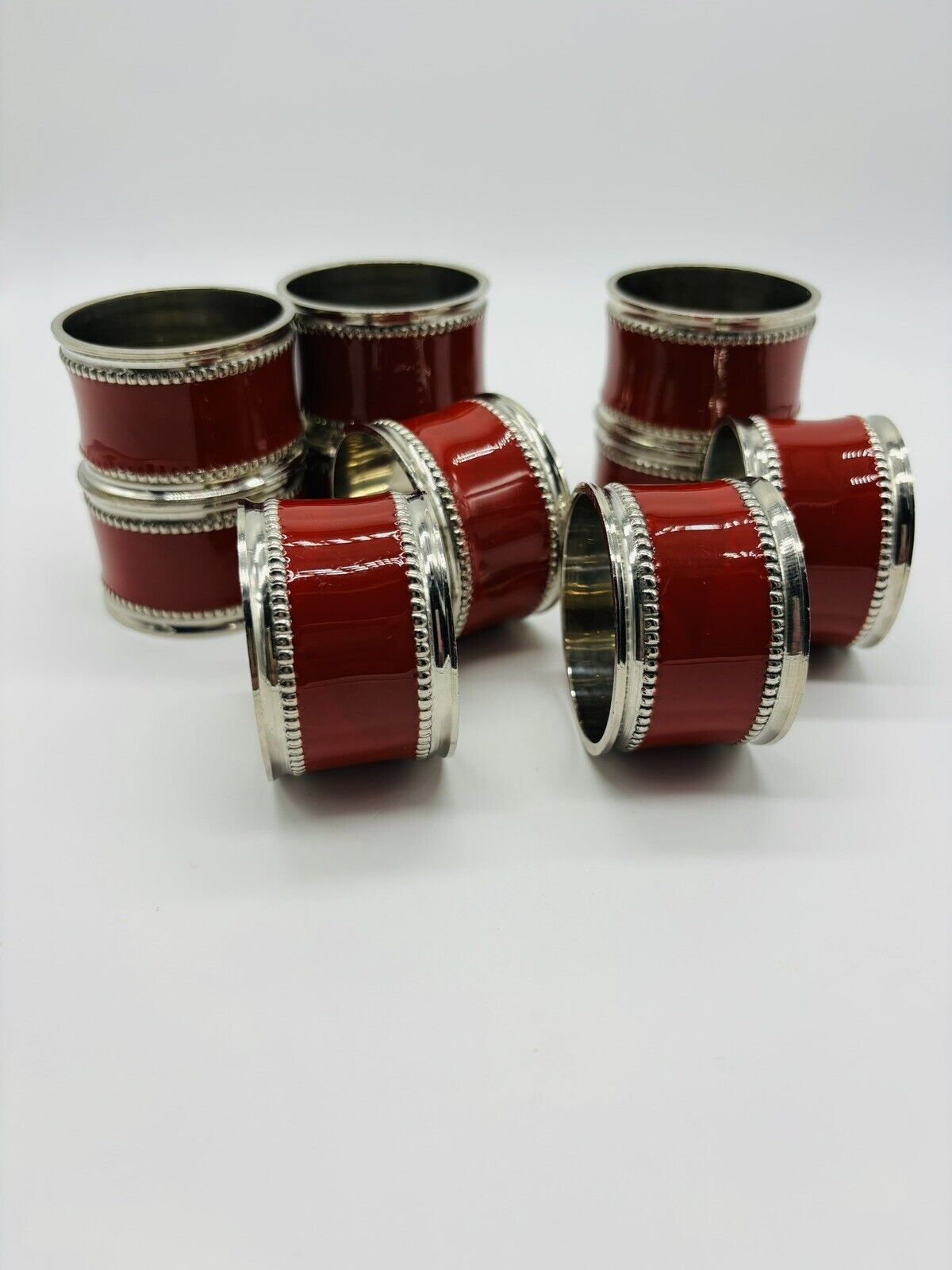 Set Of 10 Vibrant Red Enamel And Silvertone Trimmed Napkin Rings 1” Wide
