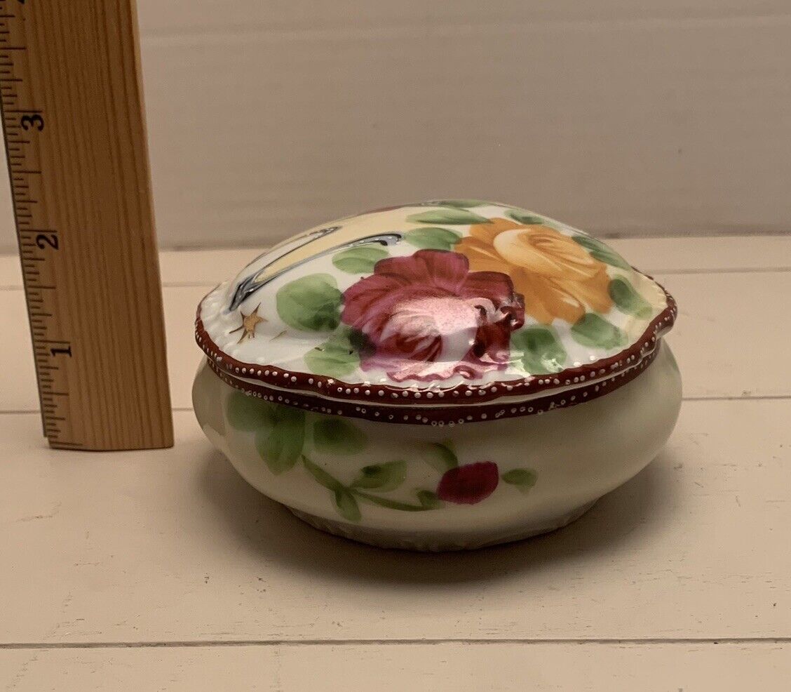 Vintage Ceramic Porcelain Lidded Box Roses Trinket Jewelry Vanity Dresser Round