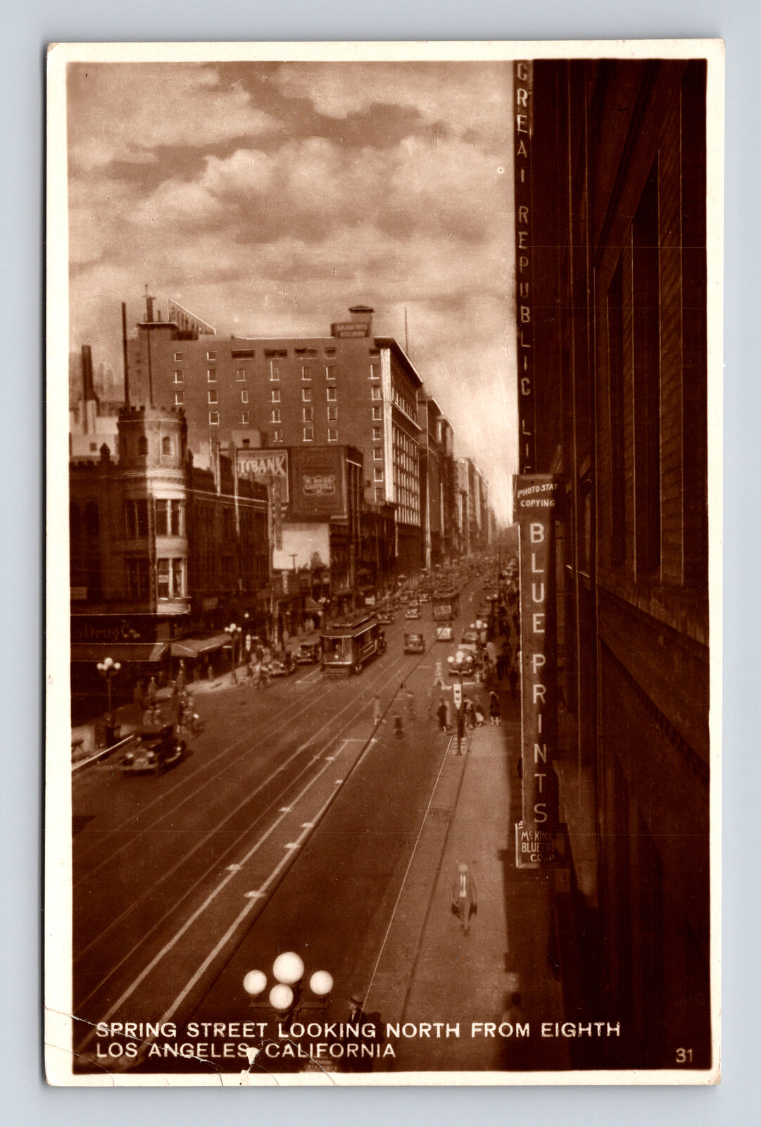 RPPC View Spring Street From 8th Trolley Cars Blue Print Los Angeles CA Postcard