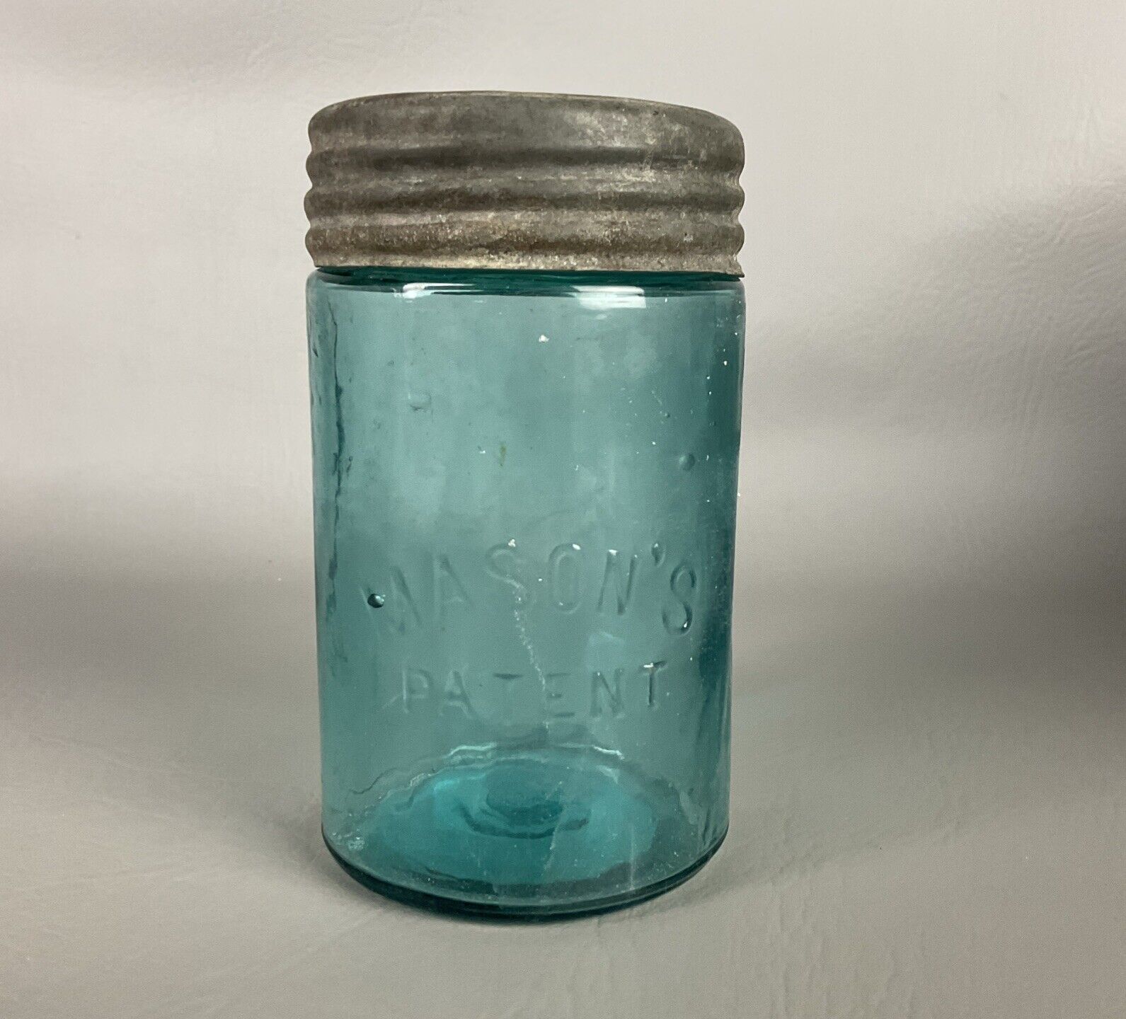 Antique Aqua Glass Mason's JAR Patent zinc lid