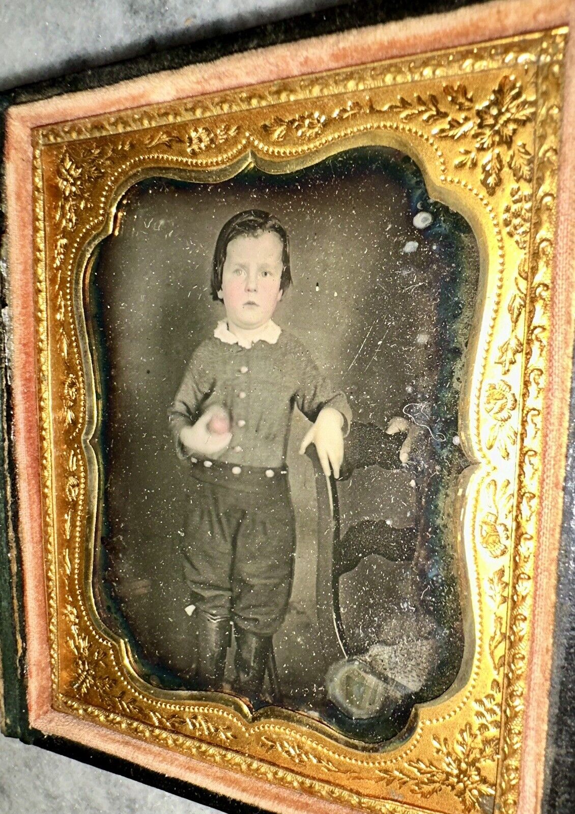 1/6 Daguerreotype Cute Little Boy Wearing High Boots Holding Tinted Apple 1850s