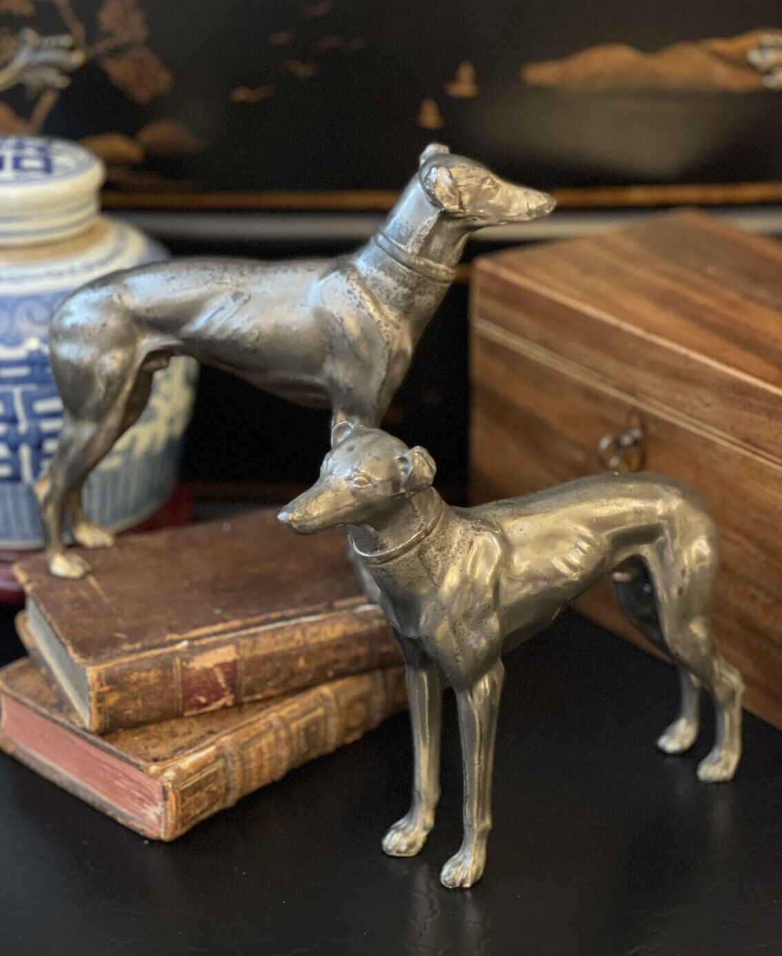 Sleek Rare MCM Greyhound Whippet Hunt Hound Dog Brass Silver Tone Mantle Pair 8”