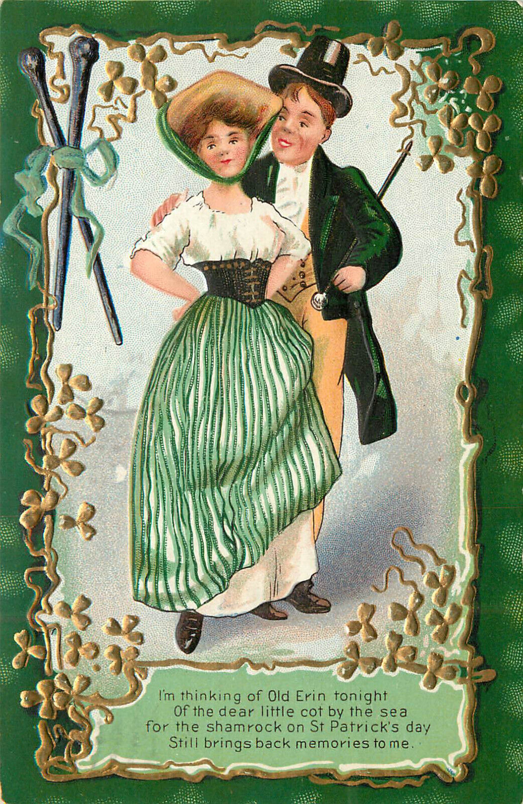 Embossed St. Patrick's Day Postcard Romantic Couple Thinking Of Old Erin Tonight