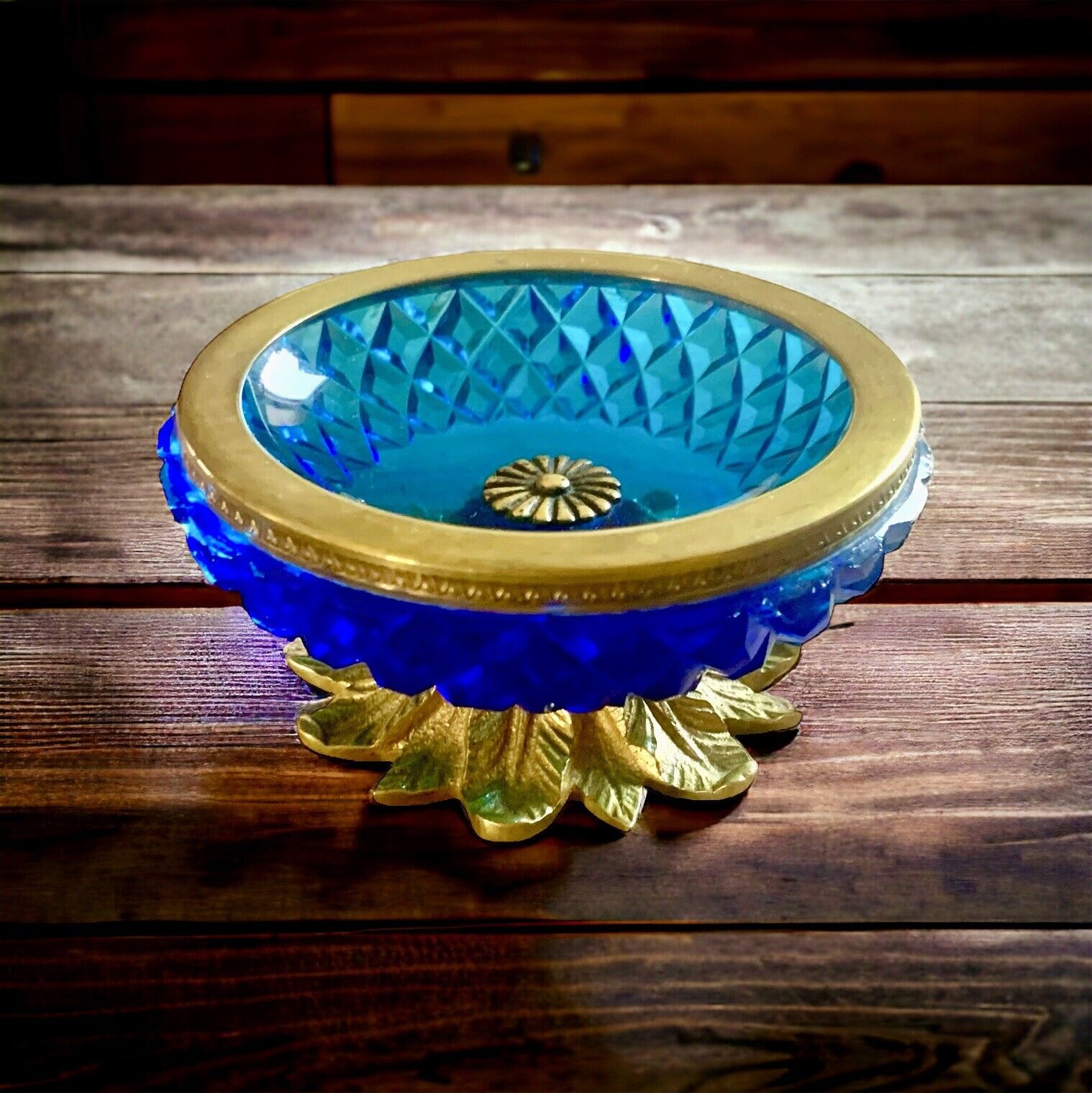 VTG Glass Diamond Point Cobalt Blue Iridescent Footed Glass Candy Dish Ashtray