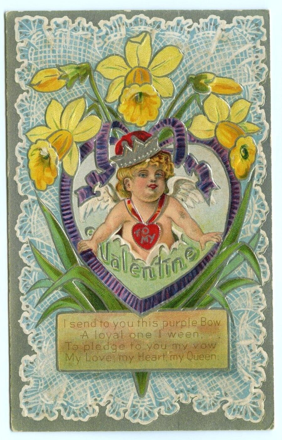 Valentine\'s Day Cupid Crown Pendant Daffodils c1910 Postcard