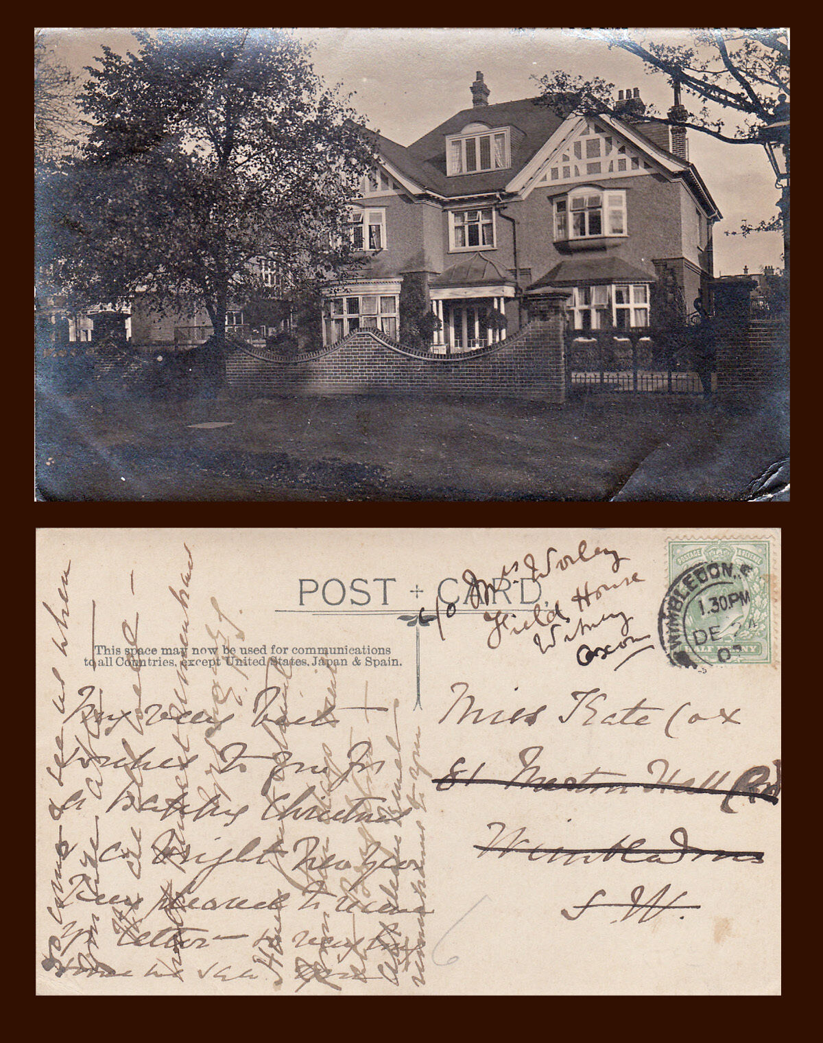UK LONDON WIMBLEDON LARGE HOME POSTED 1907 TO MISS KATE COX, WITNEY OXFORDSHIRE.
