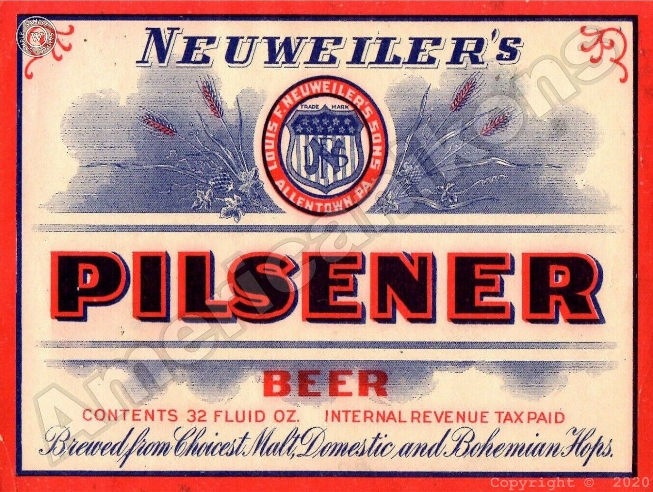 Neuweiler\'s Pilsener Beer NEW Metal Sign: Louis Neuweiler\'s Sons, Allentown, PA