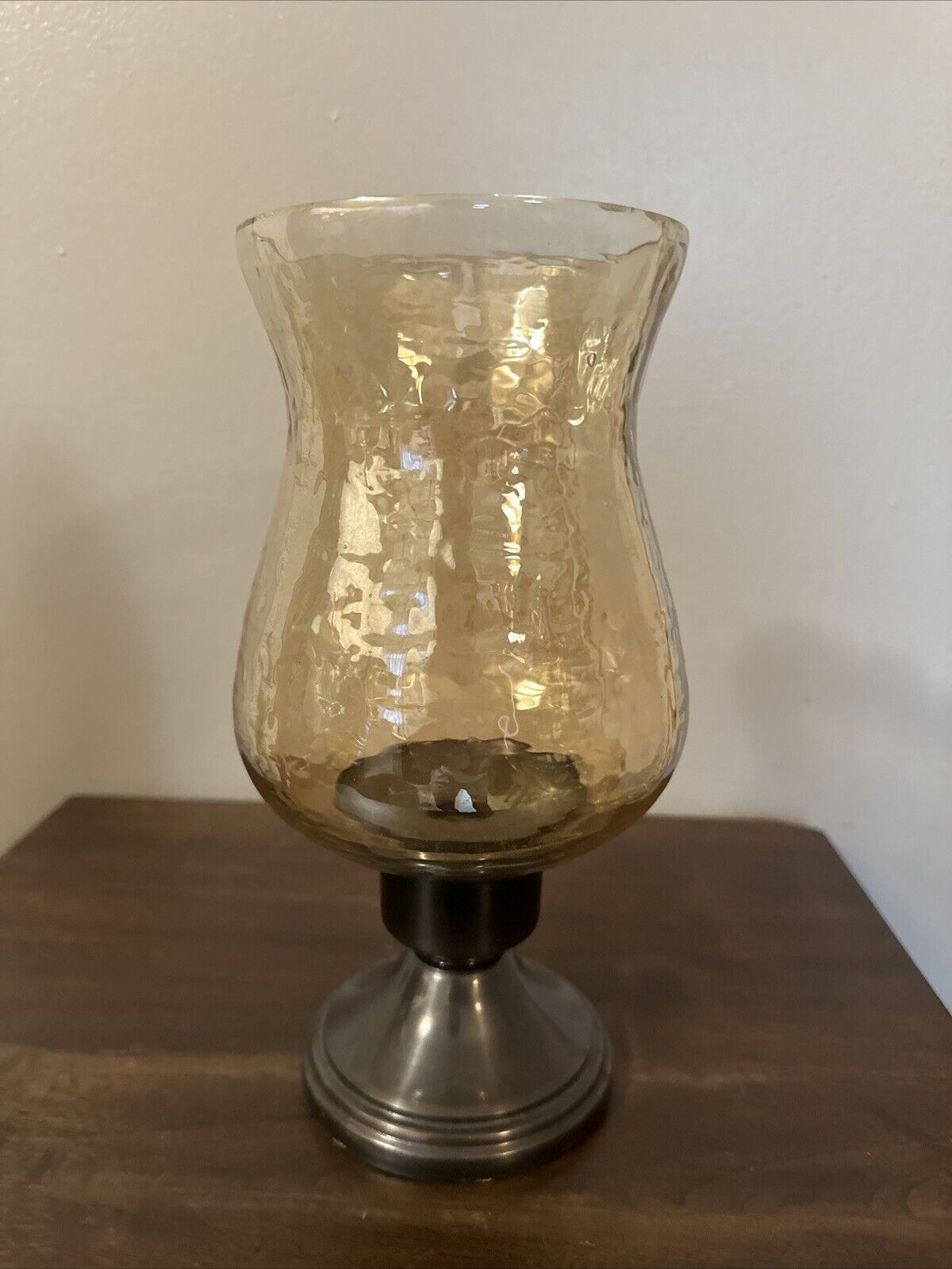 Vintage Textured Amber Glass & Metal Hurricane Candle 10” Holder
