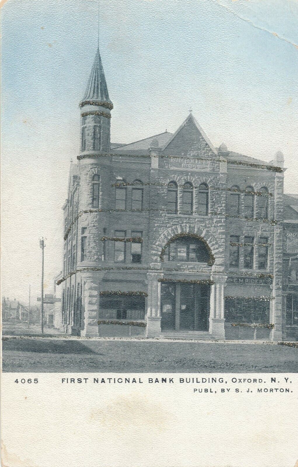 OXFORD NY – First National Bank Building Glitter Covered Postcard–udb (pre 1908)