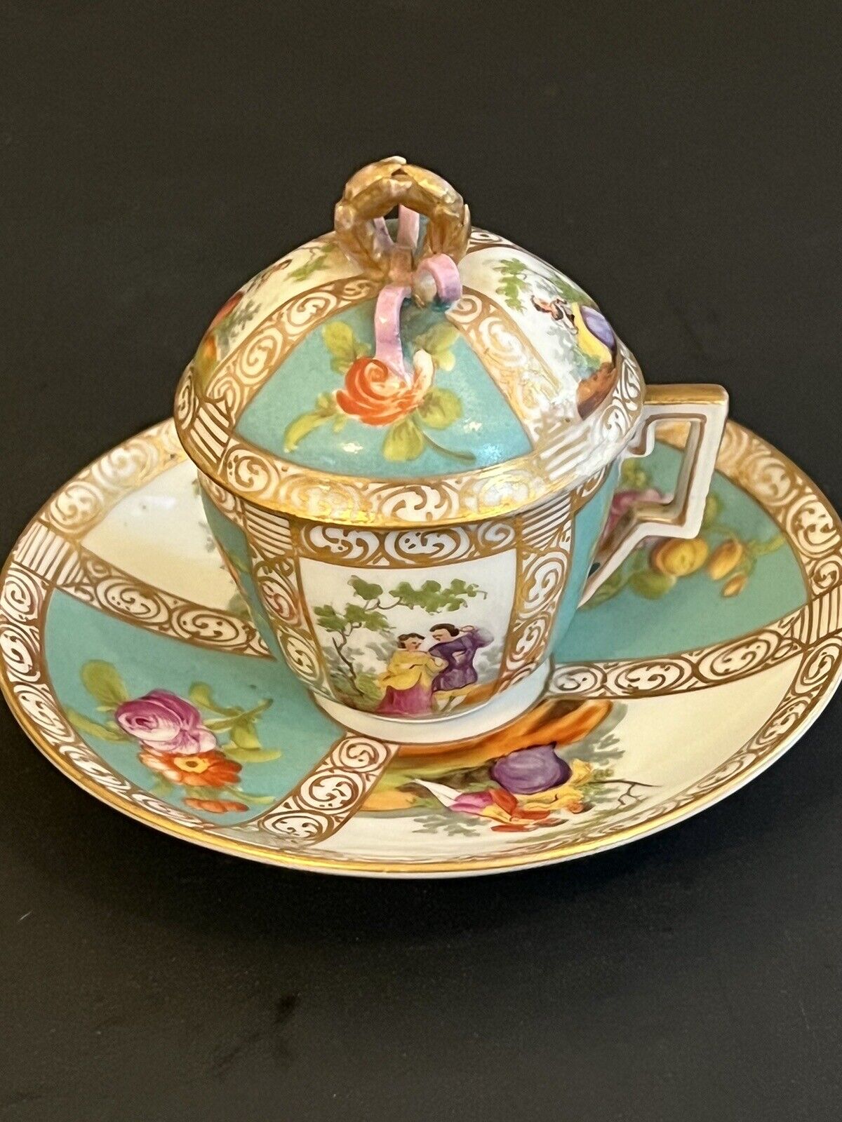 Antique Small Covered Teacup And Saucer Dresden Handpainted Quatrifoil Lid