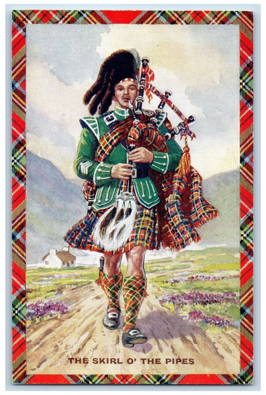 Scotland Kilt Bagpipes Postcard Highlander Piper The Skirl O The Pipes c1910\'s