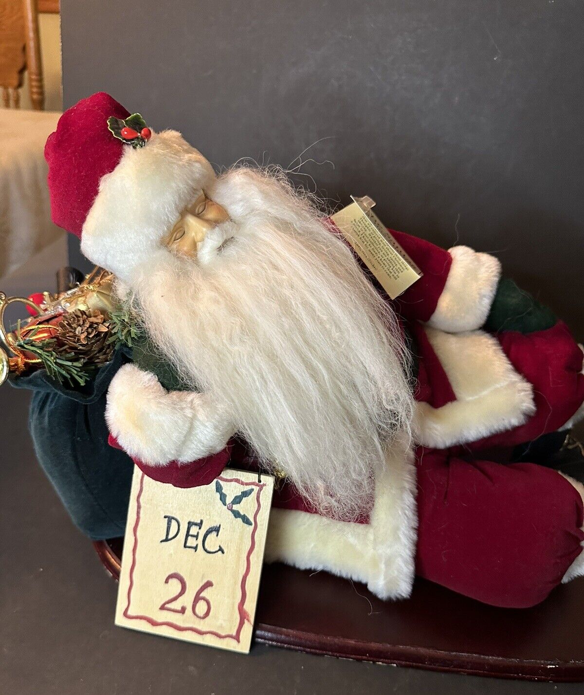 Santa Dec. 26th Napping On Toy Bag  Tina Mitchell Adorable Wooly Red Suit  18 In