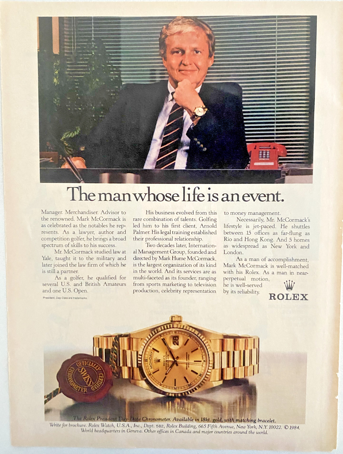 Rolex President Day Date Mark McCormack Vintage 1984 Magazine Ad