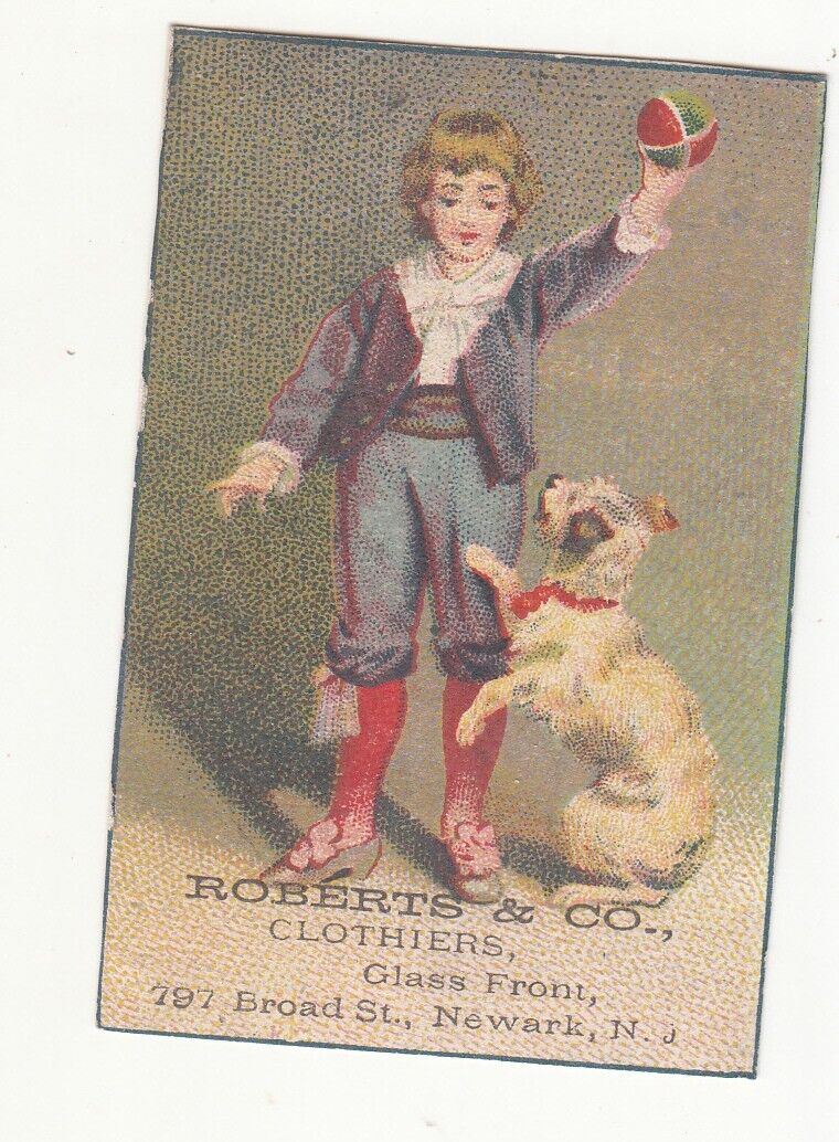 Roberts & Co Clothiers Newark NJ Boy Ball Dog Vict Card c1880s