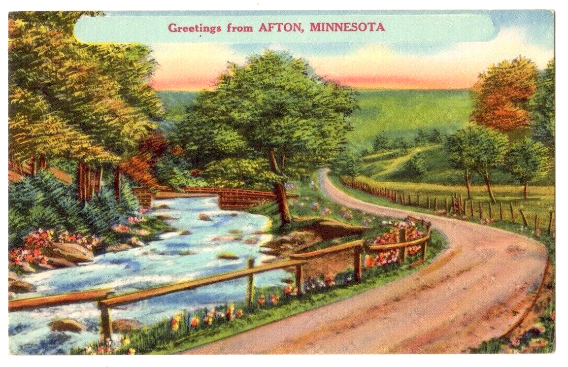 Greetings From Afton Minnesota c1940\'s rural road, river scene