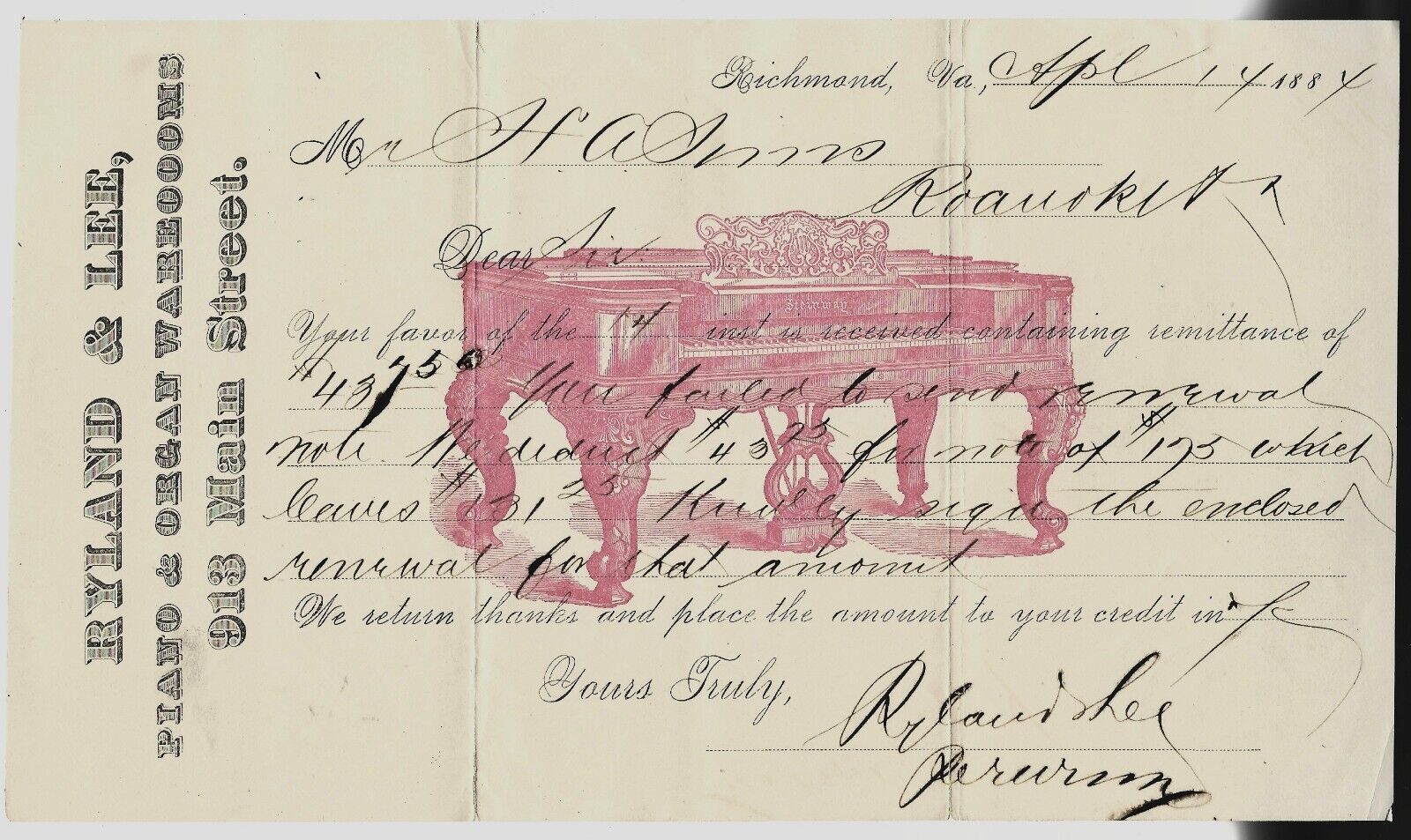 Vintage 1884 Document Ryland & Lee PIANOS & Oregons Bill Richmond Virginia 🩷