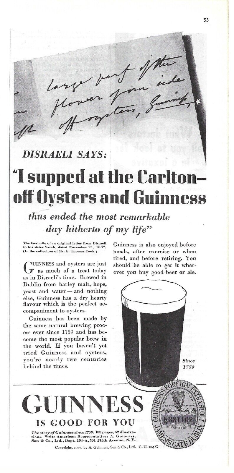 1937 Guinness Carlton Off Oysters & Guinness Vintage Magazine Print Ad/Poster