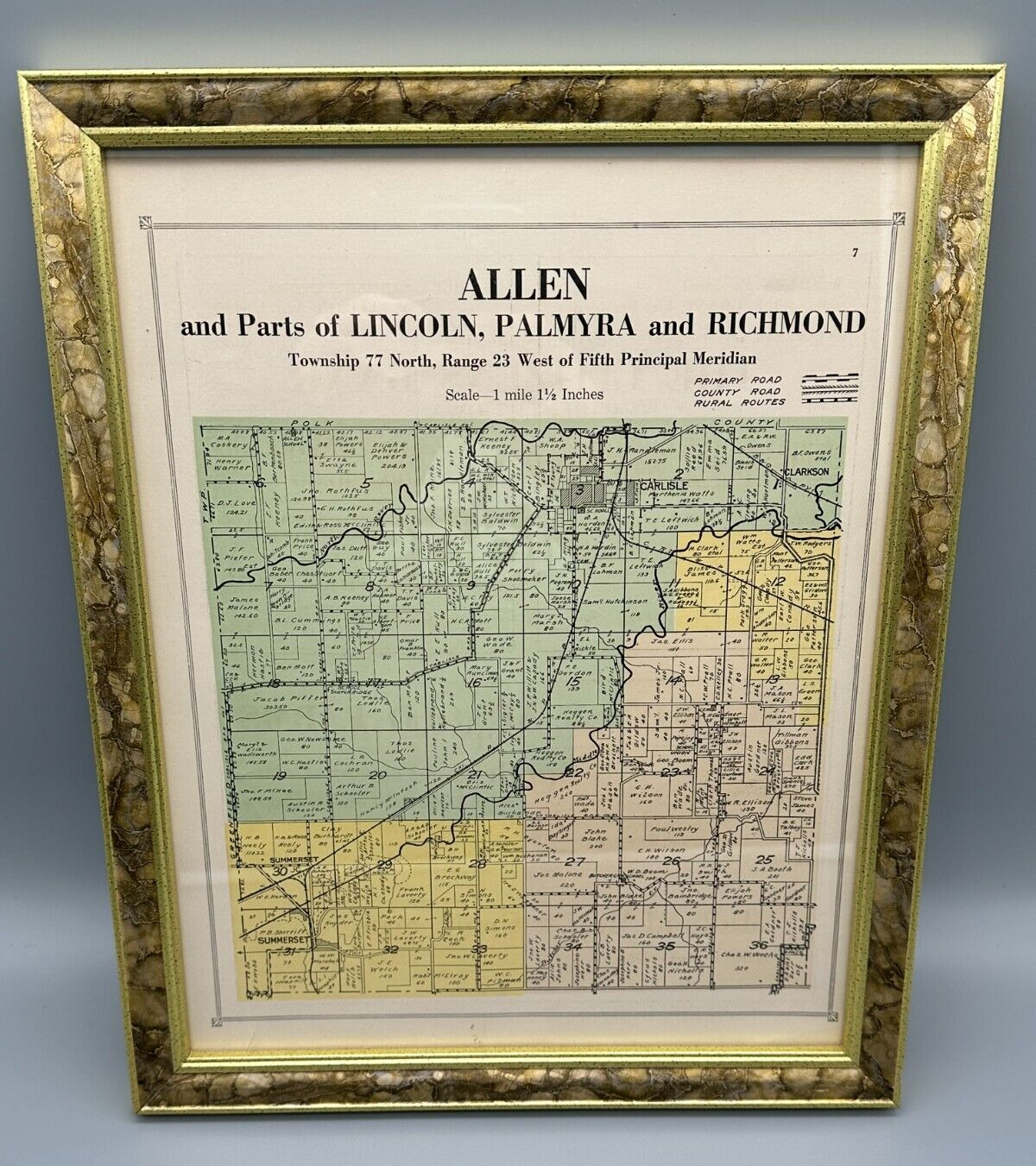 Antique Original 1920\'s Warren County Allen Iowa IA Hand Colored Plat Map Frame