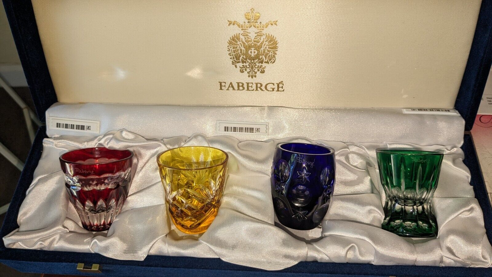 FABERGE CRYSTAL SHOT GLASSES  Luxury Collection Multi-color- Perfect Condition 