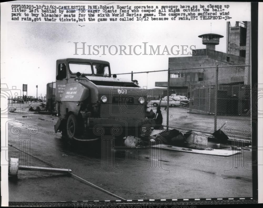 1962 Press Photo Roberrt Hoarig on a sweeper cleans Candlestick Park - net24771