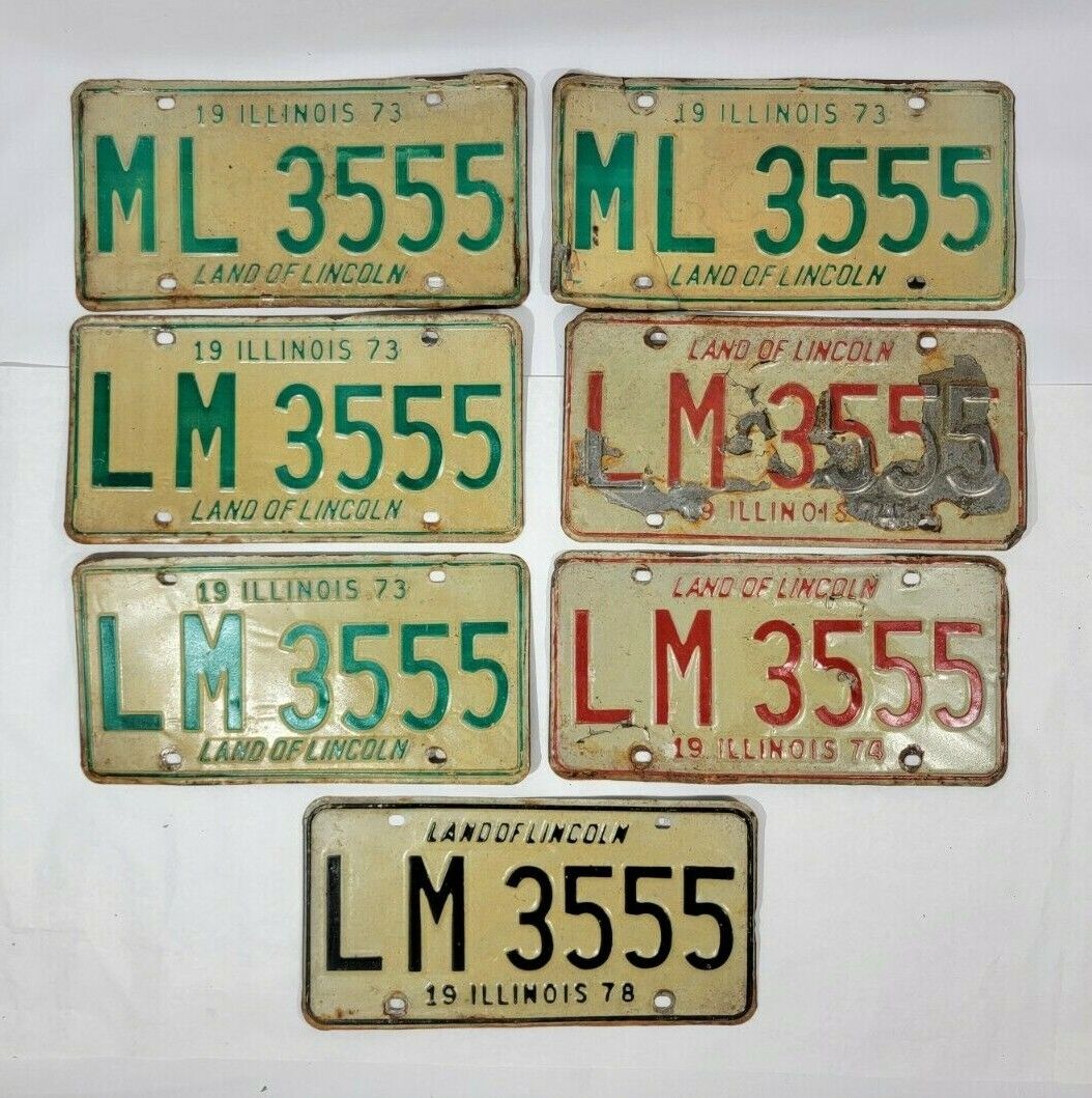 1973 1974 1978 Illinois License Plate Sets ML 3555 & LM 3555 Seven Plates