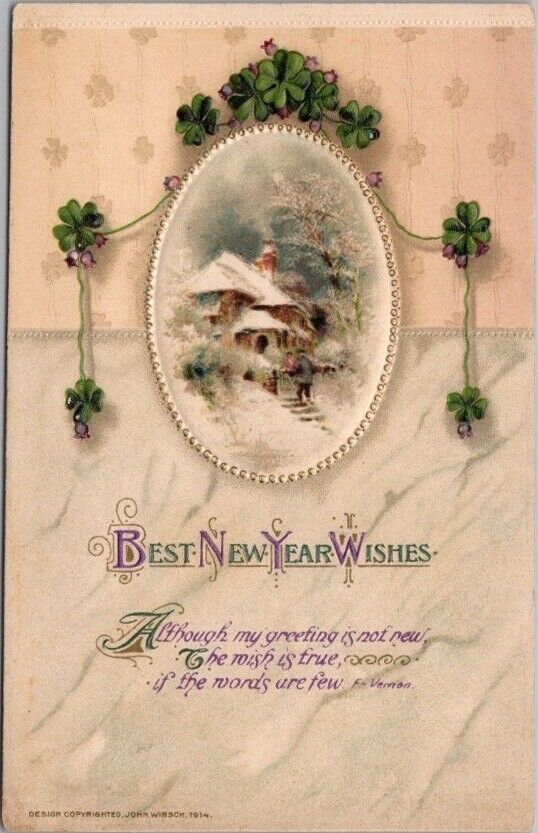 1910s Winsch BEST NEW YEAR WISHES Embossed Postcard Winter House Scene / UNUSED