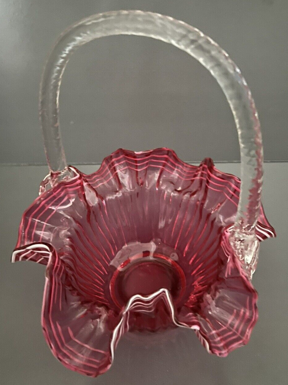 Fenton Cranberry Glass White Ribbon Candy Basket Ruffle Edge Twist Handle VTG