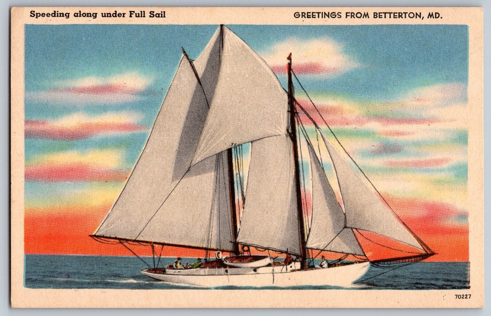 Betterton, Maryland - Boat Speeding Under the Full Sail - Vintage Postcard -