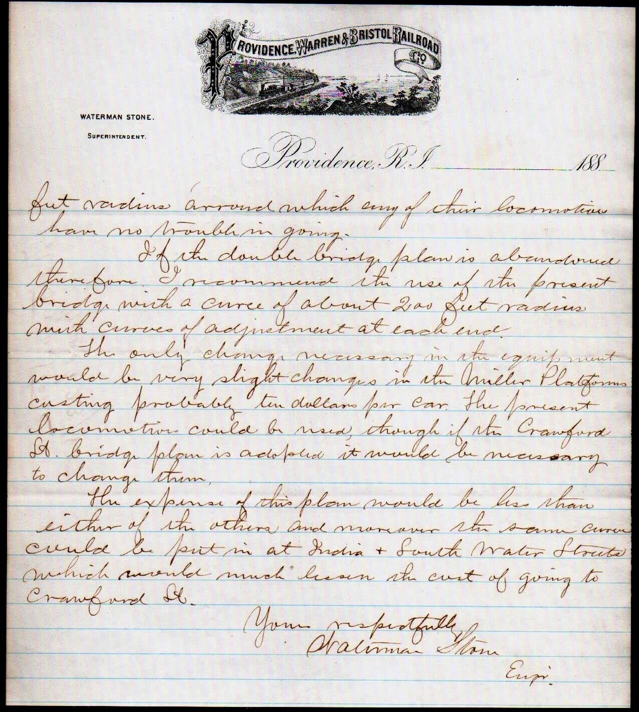 c1880 R I - Providence Warren & Bristol Railroad - History Rare Letter Head Bill