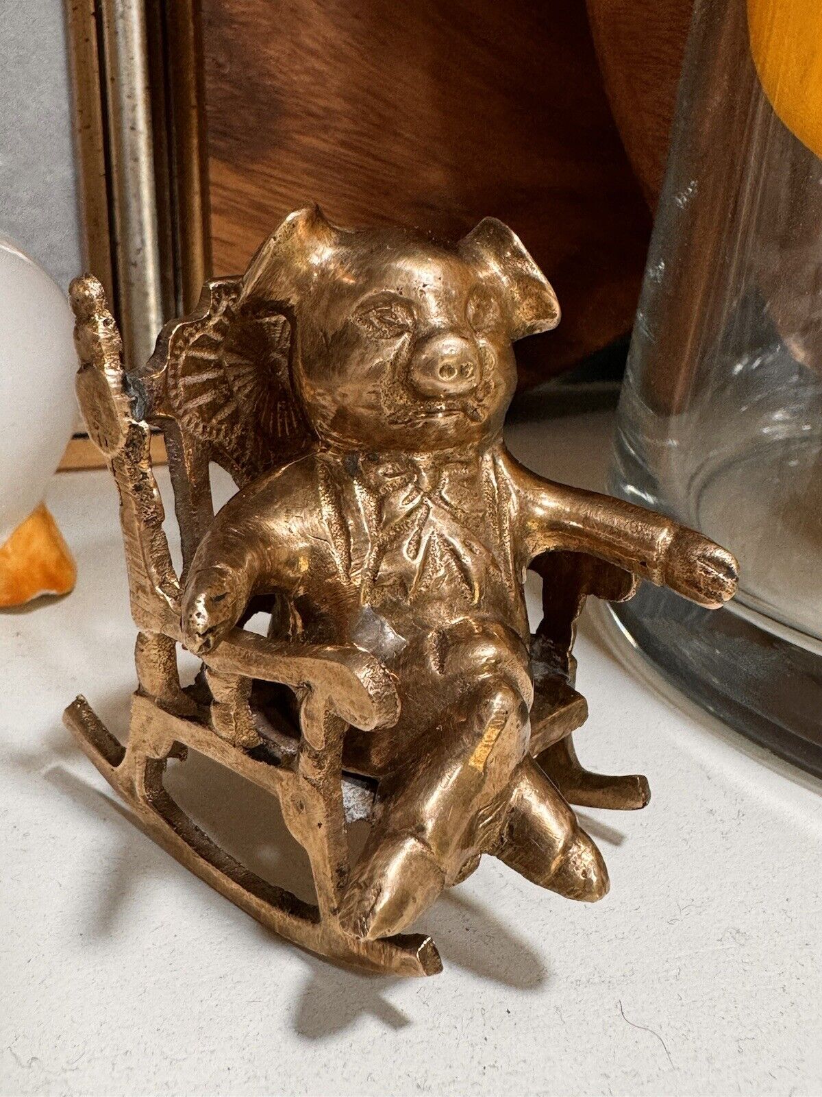 Brass Vtg Pig in a Rocking Chair Figurine Statuette Animal Anthropomorphism